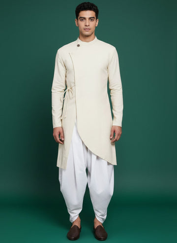 Men's Beige Cotton Linen Kurta Set – Solid & Side Placket