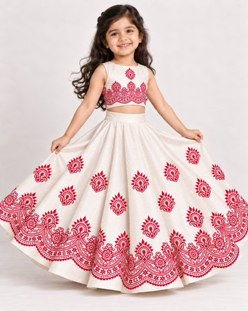 Girls' Off-White Art Silk Lehenga Set – Printed