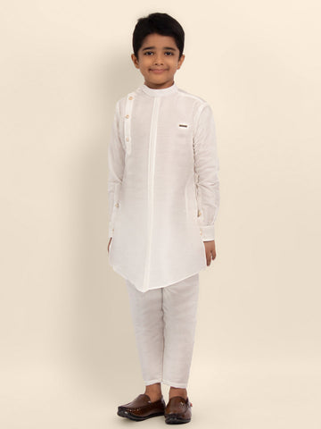 Boys' White Dupion Kurta & Pyjama Set – Asymmetric