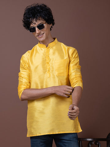 Men's Yellow Art Silk Short Kurta – Solid
