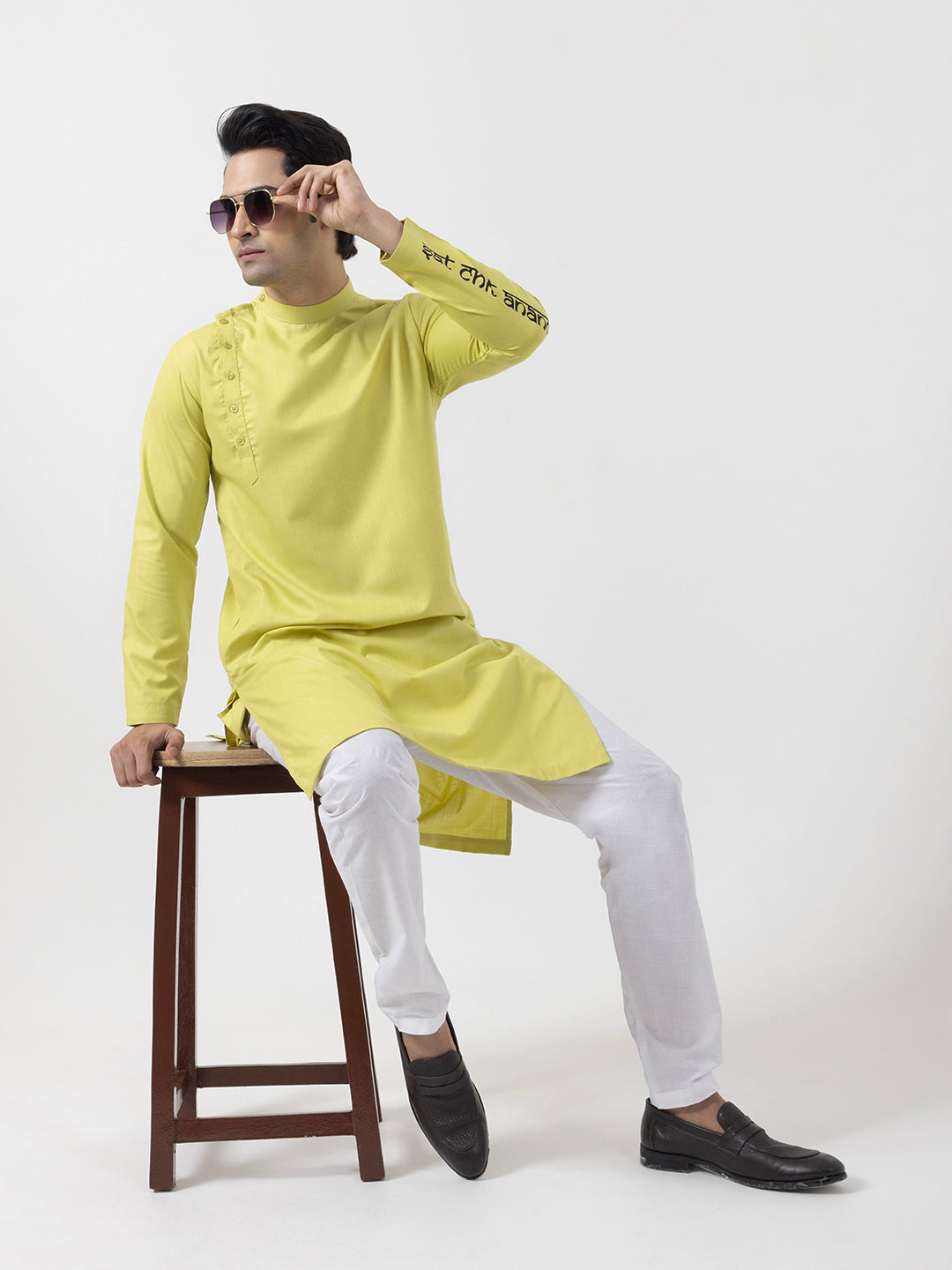 Men's Lime Green Cotton Kurta Set – Ethnic Print & Side Placket