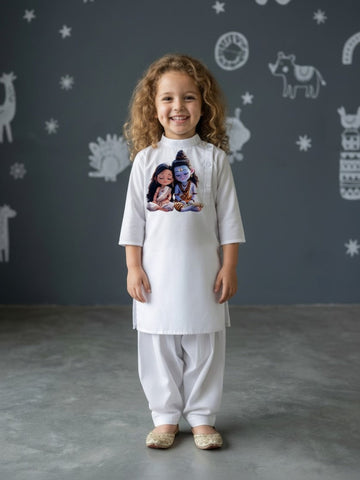Girls' White Cotton Kurti Set – Ethnic Print