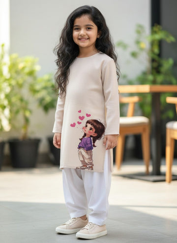 Girls' Beige Cotton Kurti Set – Ethnic Print