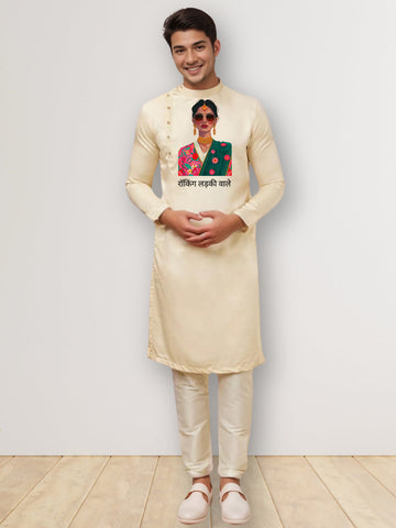 Men's Beige Cotton Kurta Set – Ethnic Print & Side Placket