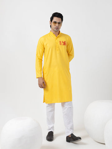 Men's Yellow Cotton Kurta Set – Ethnic Print