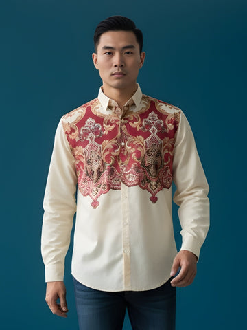 Men's Beige Cotton Shirt – Ethnic Print