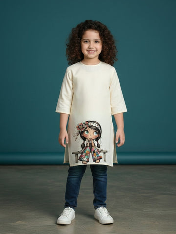 Girls' Beige Cotton Kurti Set – Ethnic Print