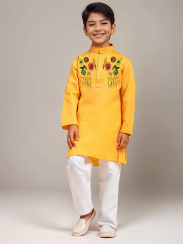 Boys' Yellow Cotton Kurta Set – Printed