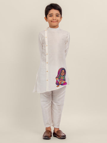Boys' White Dupion Kurta Set – Printed