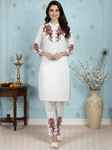 Women's White Cotton Kurti Set – Ethnic Print
