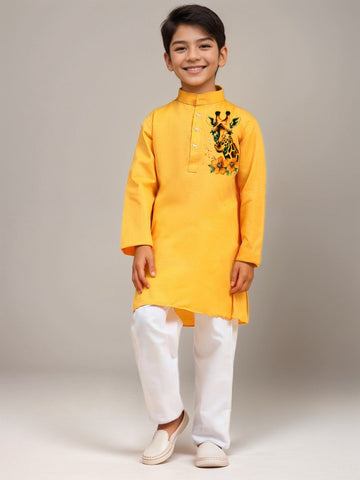 Boys' Yellow Cotton Kurta Set – Printed