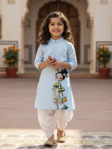 Girls' Sky Blue Cotton Kurti Set – Ethnic Print