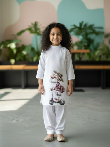 Girls' White Cotton Kurti Set – Ethnic Print