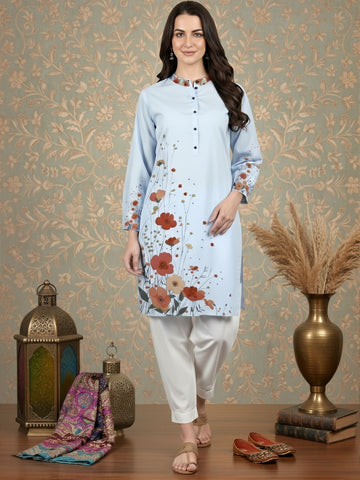 Women's Sky Blue Cotton Kurti Set – Ethnic Print