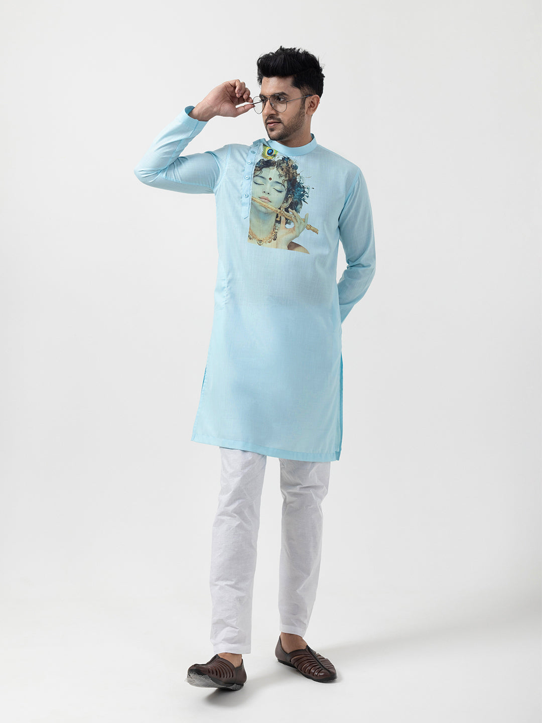 Men's Sky Blue Cotton Kurta Set – Lord Krishna Print & Side Placket