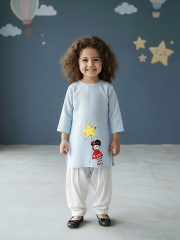 Girls' Sky Blue Cotton Kurti Set – Ethnic Print