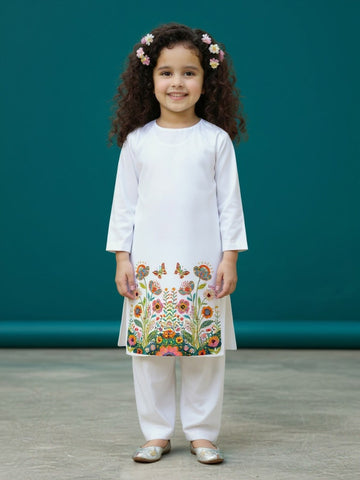 Girls' White Cotton Kurti Set – Ethnic Print