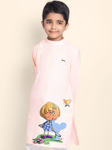 Boys' Pink Cotton Kurta & Pyjama Set – Printed