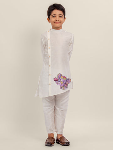 Boys' White Dupion Kurta Set – Printed