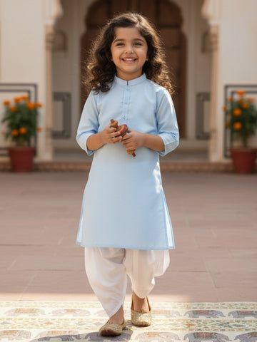 Girls' Sky Blue Cotton Kurti Set – Solid