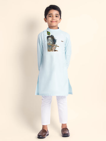 Boys' Sky Blue Cotton Kurta Set – Lord Krishna Print