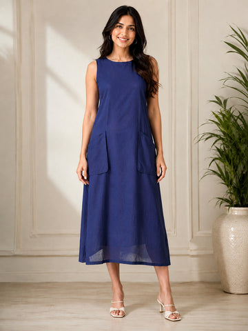 Women's BlueCotton Linen Midi Dress – Sleeveless with Patch Pockets