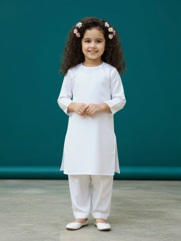 Girls' White Cotton Kurti Set – Solid