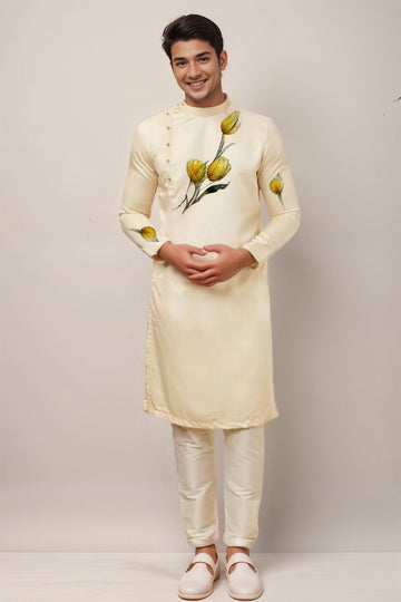 Men's Beige Cotton Kurta Set – Ethnic Print & Side Placket