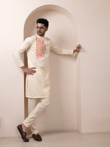 Men's Beige Cotton Kurta Set – Ethnic Print & Side Placket