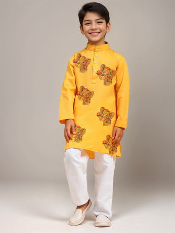Boys' Yellow Cotton Kurta Set – Printed