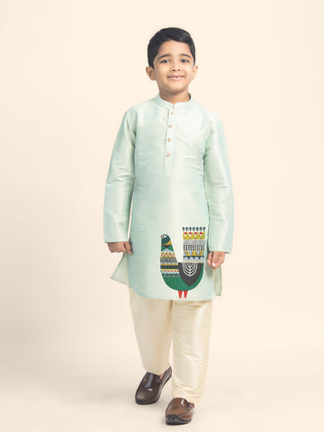 Boys' Green Dupion Silk Kurta & Beige Pyjama Set – Printed