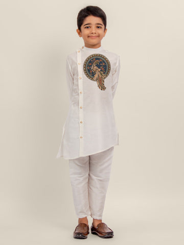Boys' White Dupion Kurta Set – Printed