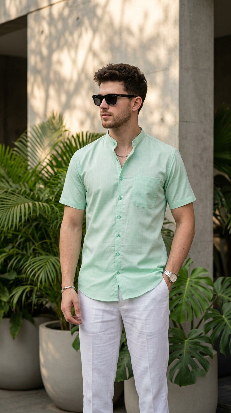 Men's Green Cotton Shirt – Mandarin Collar