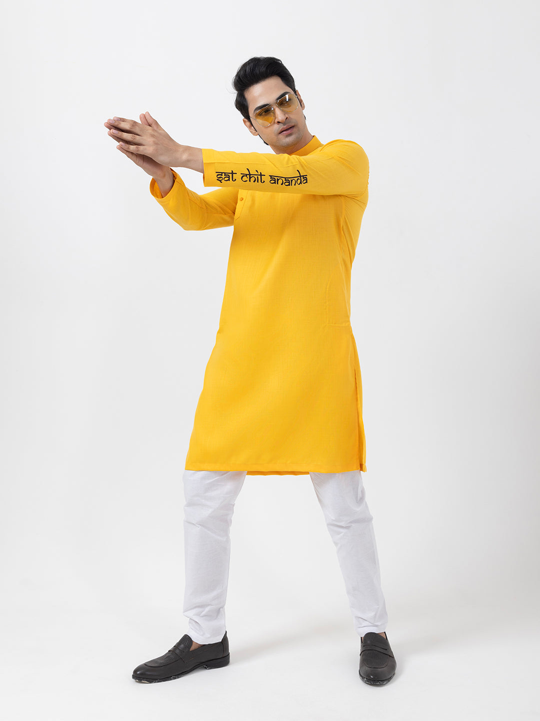Men's Mustard Cotton Kurta Set – Ethnic Print & Side Placket