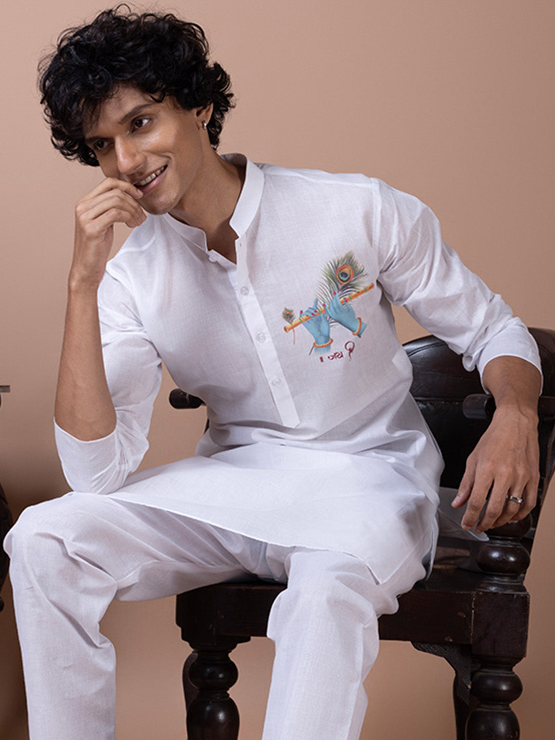 Men's White Cotton Kurta Set – Lord Krishna Print