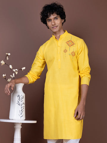 Men's Yellow Cotton Kurta Set – Ethnic Print