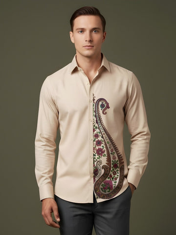Men's Beige Cotton Shirt – Ethnic Print
