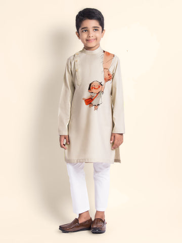 Boys' Beige Cotton Kurta & Pyjama Set – Printed