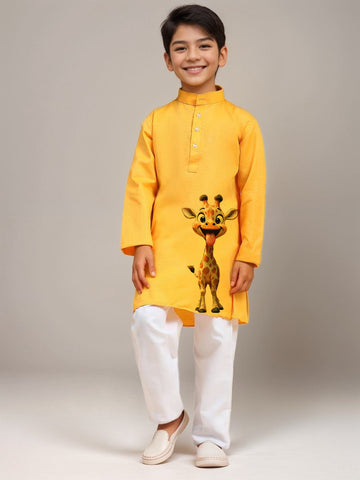 Boys' Yellow Cotton Kurta & Pyjama Set – Printed