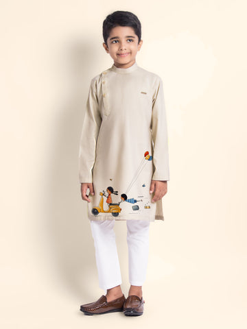 Boys' Beige Cotton Kurta & Pyjama Set – Printed
