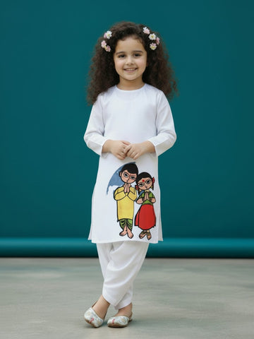 Girls' White Cotton Kurti Set – Ethnic Print