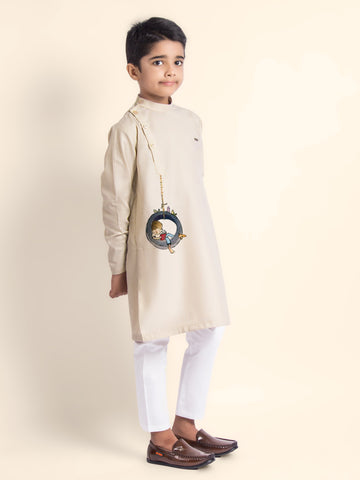 Boys' Beige Cotton Kurta Set – Printed