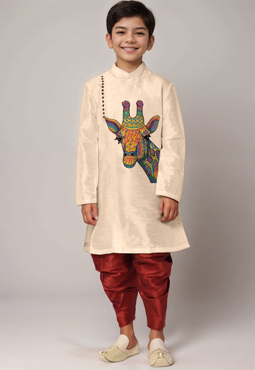 Boys' Beige Dupion Silk Kurta & Dhoti Set – Floral Print