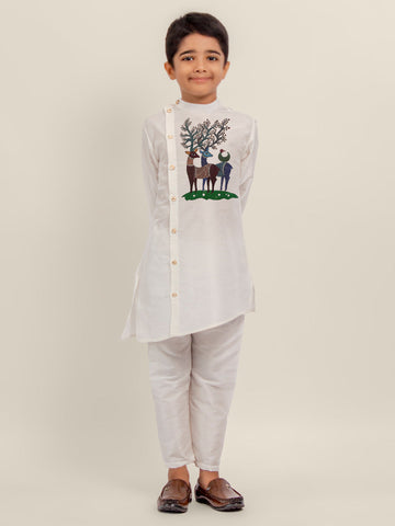Boys' White Dupion Kurta Set – Printed