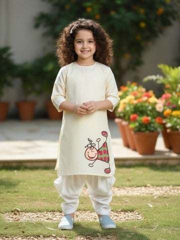 Girls' Beige Cotton Kurti Set – Ethnic Print