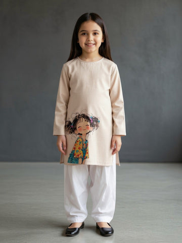 Girls' Beige Cotton Kurti Set – Ethnic Print