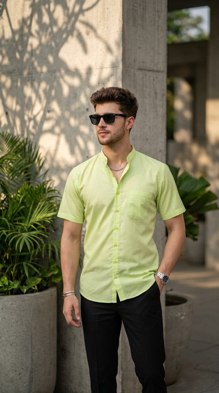 Men's Green Cotton Shirt – Mandarin Collar