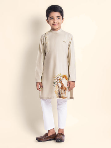 Boys' Beige Cotton Kurta Set – Printed