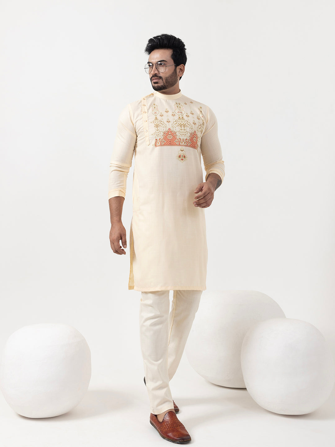 Men's Beige Cotton Kurta Set – Ethnic Print & Side Placket