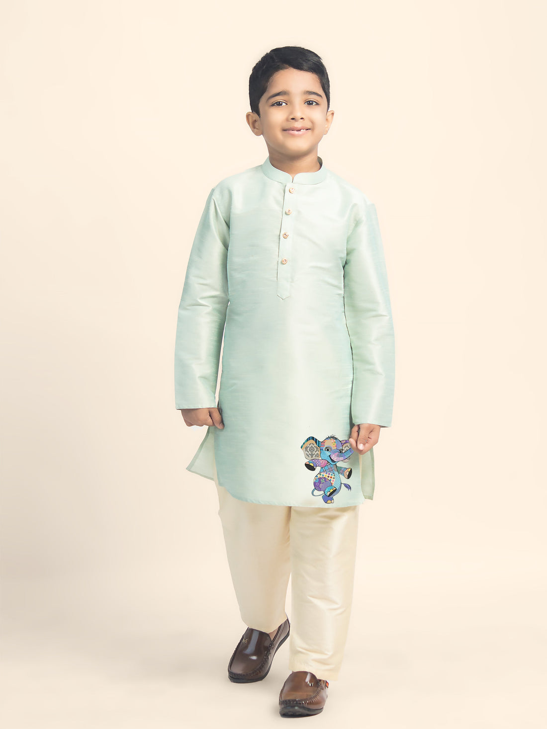 Boys' Green Dupion Silk Kurta Set – Printed